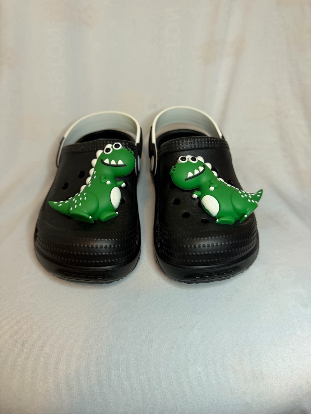 Black Kids Clog Sandals with Green Dinosaur Charms
